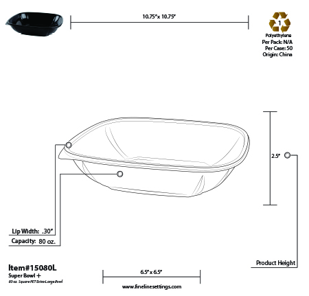 Fineline 15080L-CL Super Bowl Plus 80 oz. Clear Square Pet Plastic Bowl - 50/Case