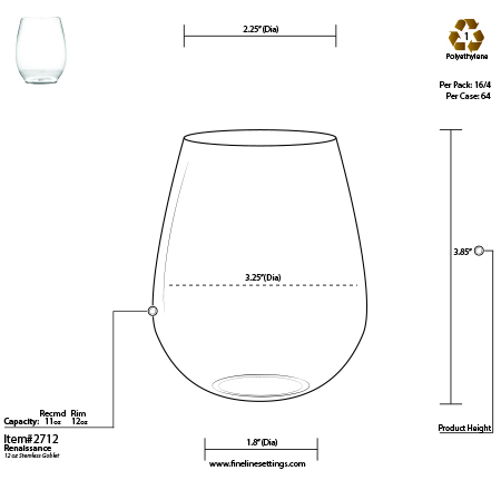 Fineline 2722-WH Renaissance 12 oz. Stemless White Plastic Wine Glass -  48/Case